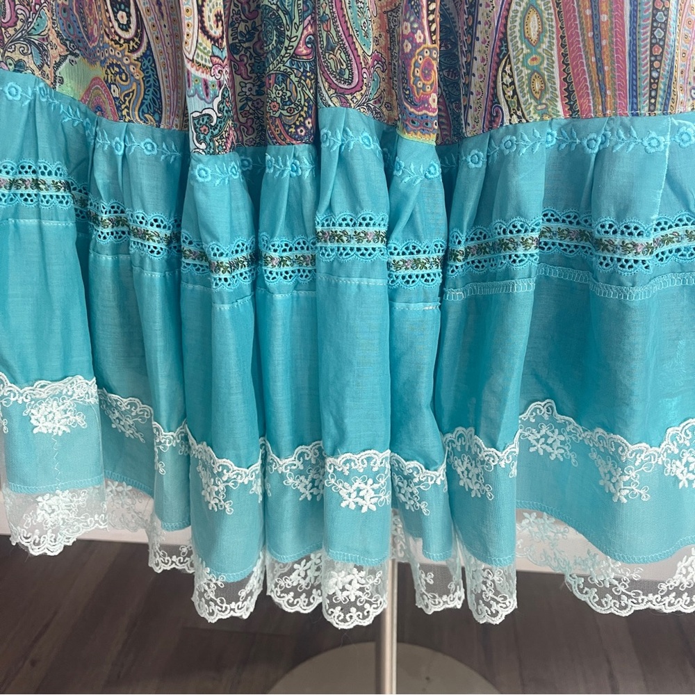 Upcycled Turquoise Boho Maxi Dress with Lacy Top & Paisley Ruffled Skirt, Size M - Picture 7 of 12